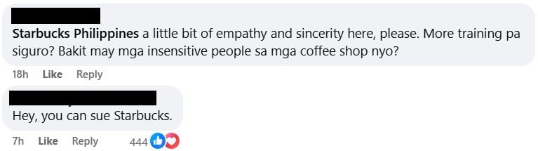 Screenshots from Facebook of comments on the viral Starbucks Festival Mall post